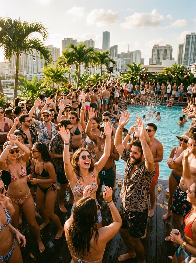 Crowd dancing at a rooftop pool party