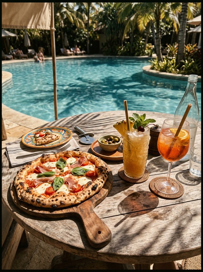 Cocktails and stone-fired pizza by the pool